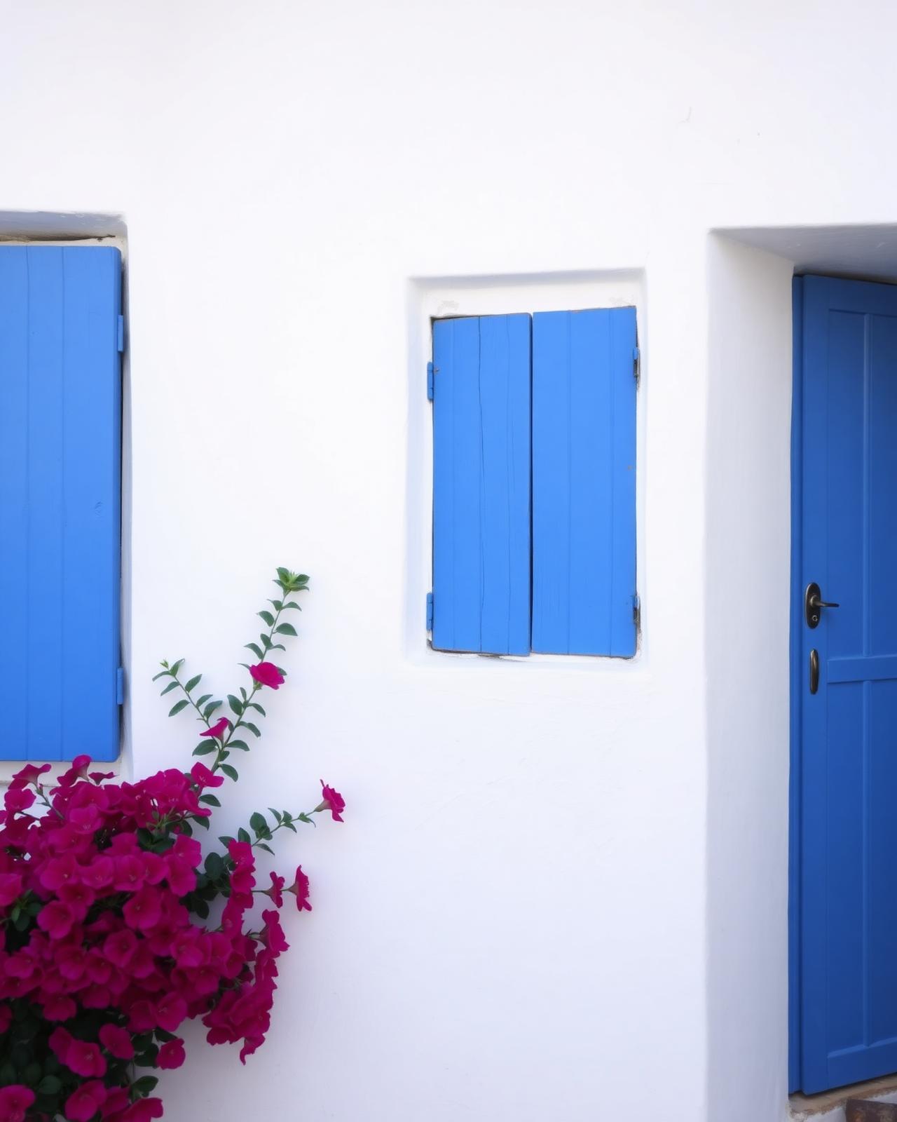Whitewashed Greek village wall with blue shutters and bougainvillea