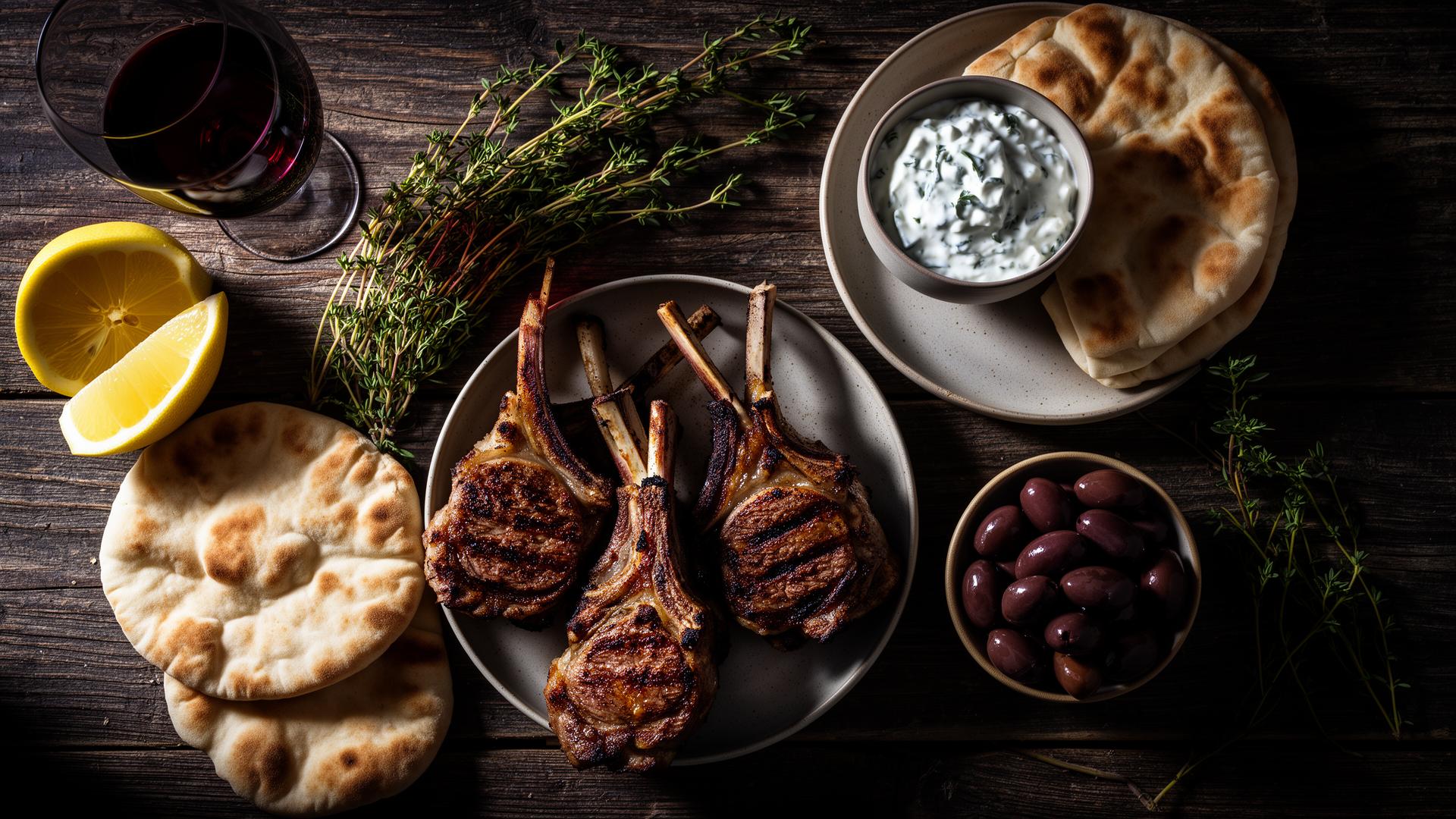 A candlelit Greek mezze spread of grilled octopus, pita, olives and tzatziki