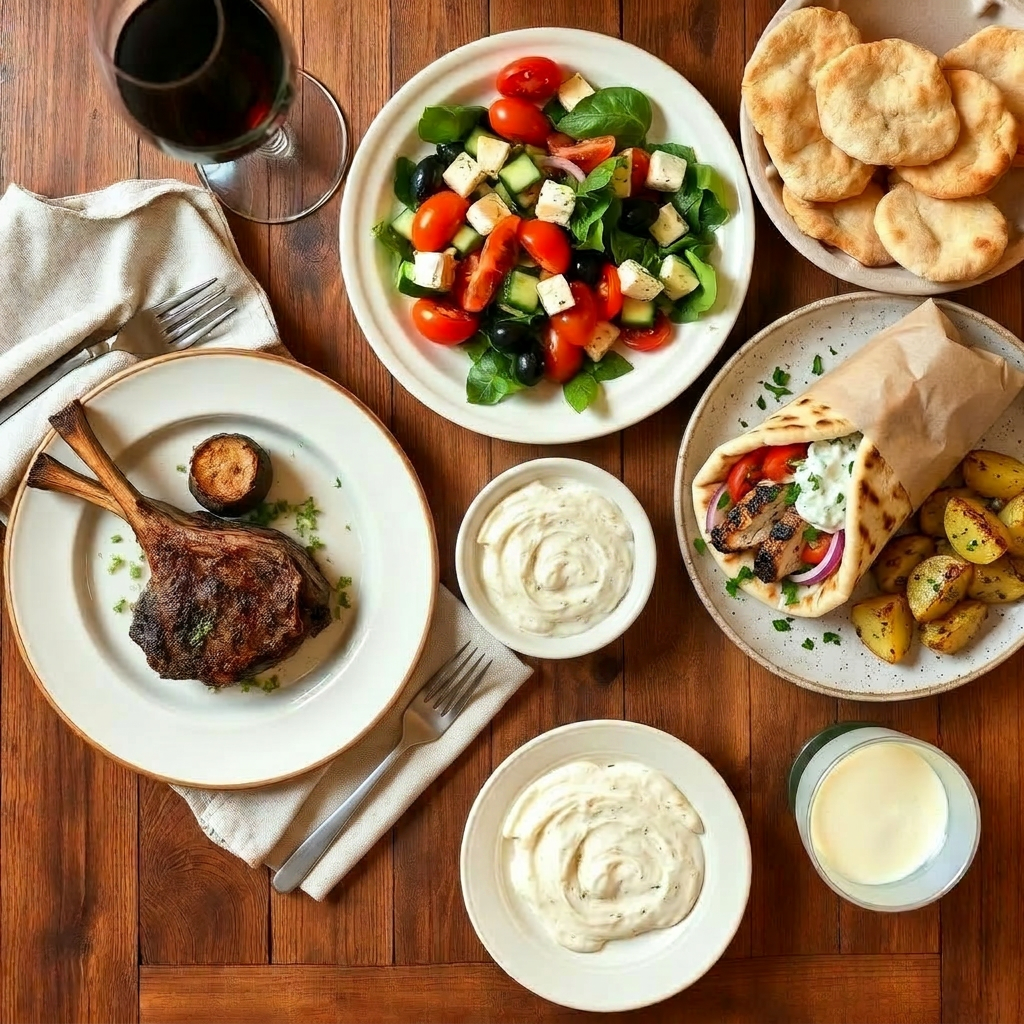 Greek taverna table by the sea with grilled octopus, horiatiki salad, pita and white wine